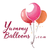 Logo for YummyBalloons.com featuring a vibrant balloon icon with integrated food elements, symbolizing balloon decoration and future catering services.